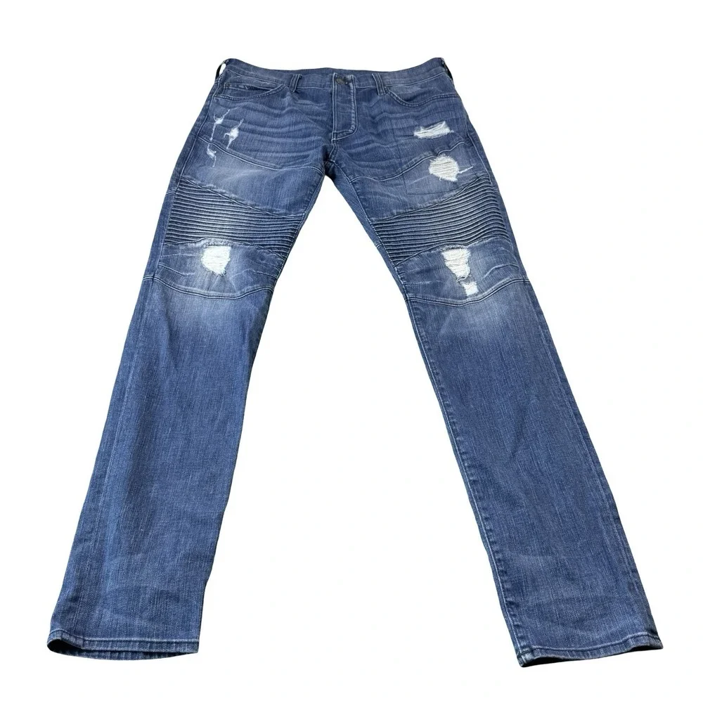 True Religion Rocco Relaxed Skinny Moto Distressed Mens Jeans 34x34 Blue